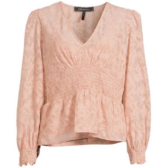 BCBGMAXAZRIA Womens V-neck Woven Floral Peasant Long Sleeve lined blouse Top EUC - Picture 2 of 16